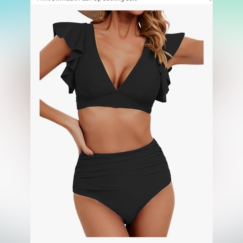 NWT Women Ruffle High Waisted Push Up Bathing suit bikini medium black